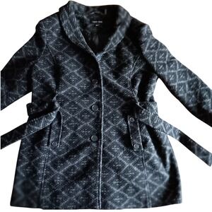 Black Rivet Women's XXL Geometric Pattern Wool Blend Coat Belted Grey